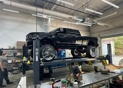 Truck lifted for maintenance and repair work